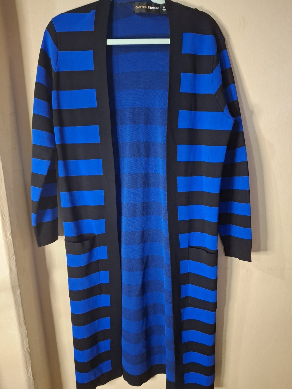 Gabrielle Union Open-Front Blue & Black Striped Women's Cardigan Sweater